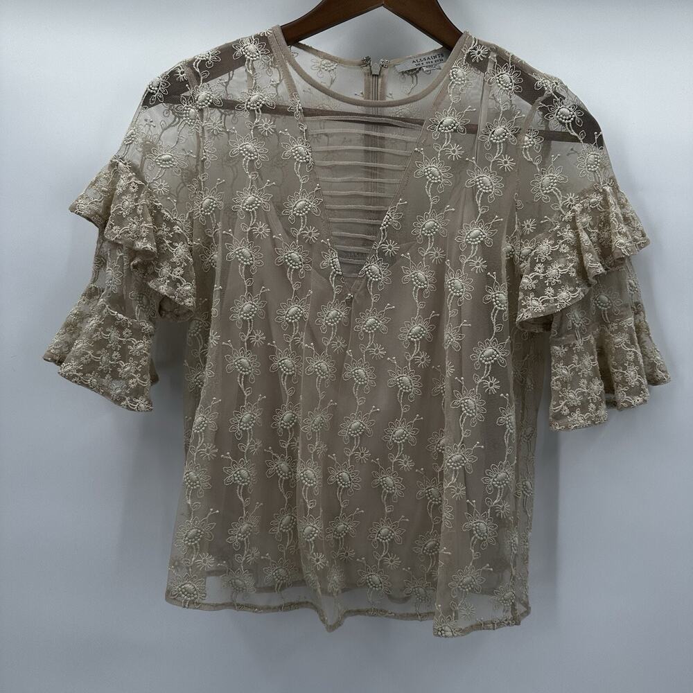 All Saints Top Womens 2 Beige Henrietta Lace Ruffle Blouse Embroidered Floral - Picture 2 of 13